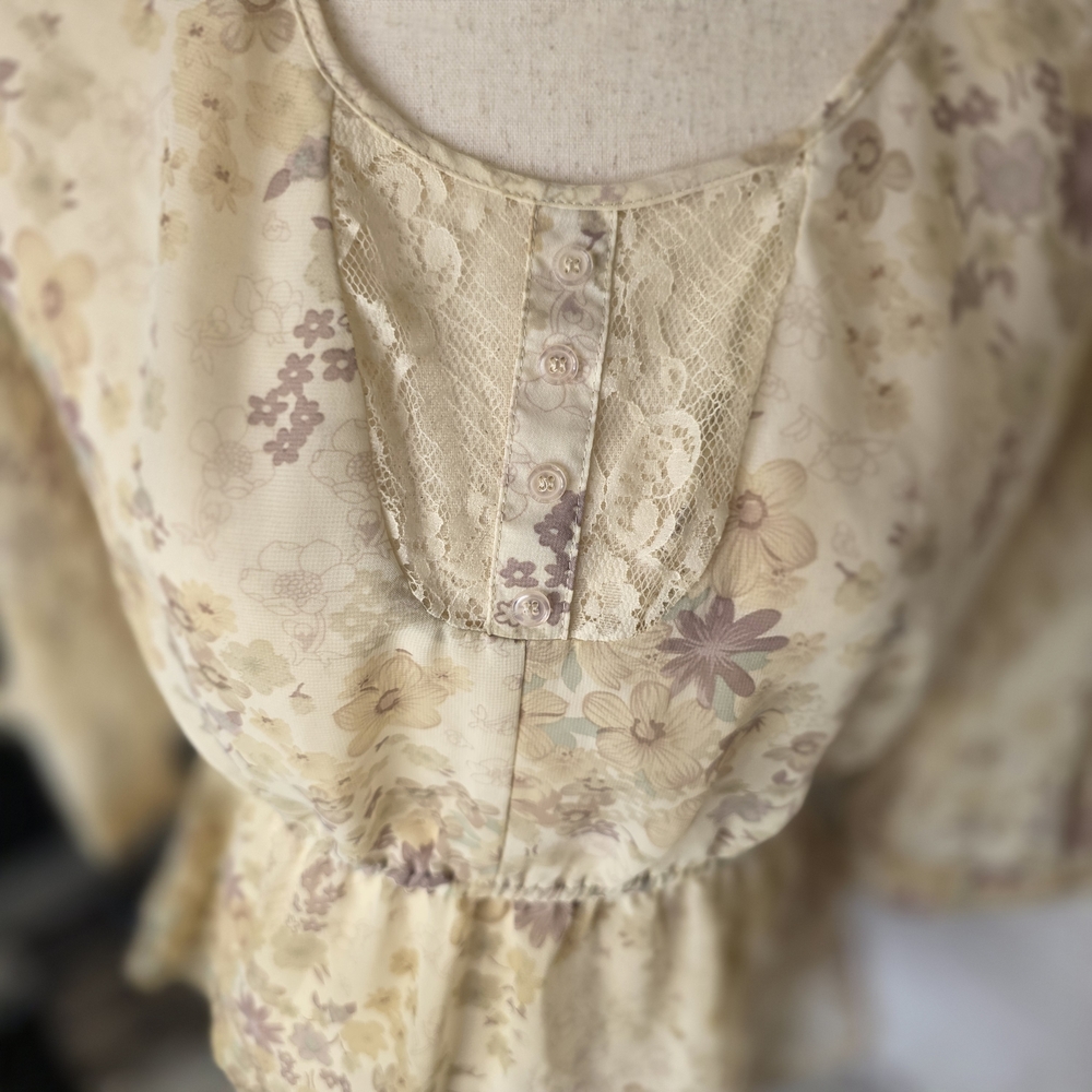 Xhilaration Floral Sheer Peplum Blouse Lace Neckline Boho Cottagecore Size Small - Picture 3 of 6